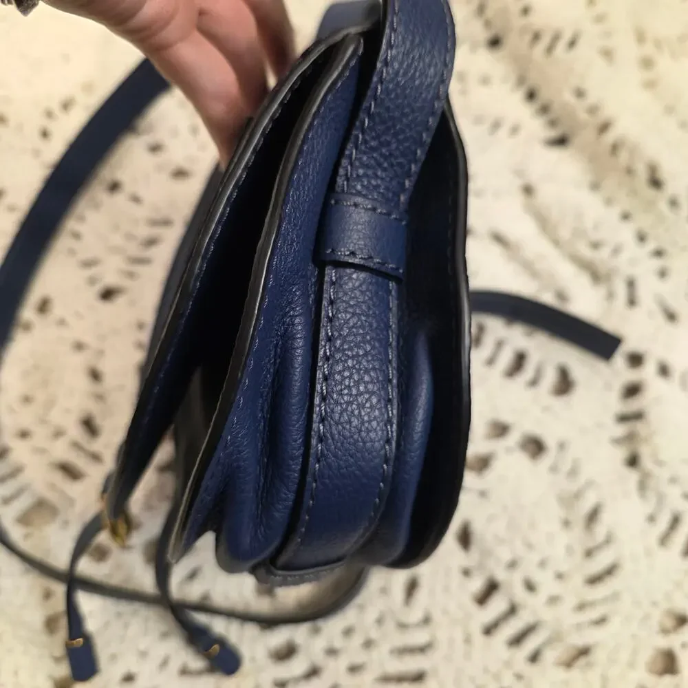Chloé Marcie Small Saddle Crossbody Bag Navy Blue Grained Leather Gold Hardware